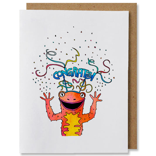 Illustrated congratulations greeting card depicting confetti surrounding a yellow and coral colored newt wearing a party headband with the word “congrats” ​​and streamers. 