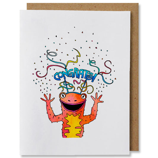 Illustrated congratulations greeting card depicting confetti surrounding a yellow and coral colored newt wearing a party headband with the word “congrats” and streamers.