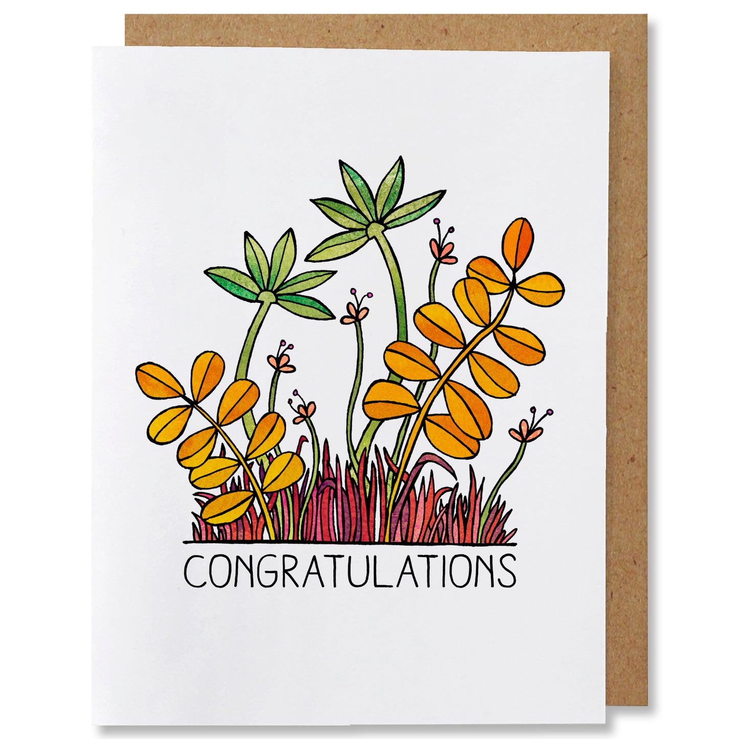 Illustrated greeting card featuring an arrangement of orange and green plants growing from red grass with “congratulations” written below