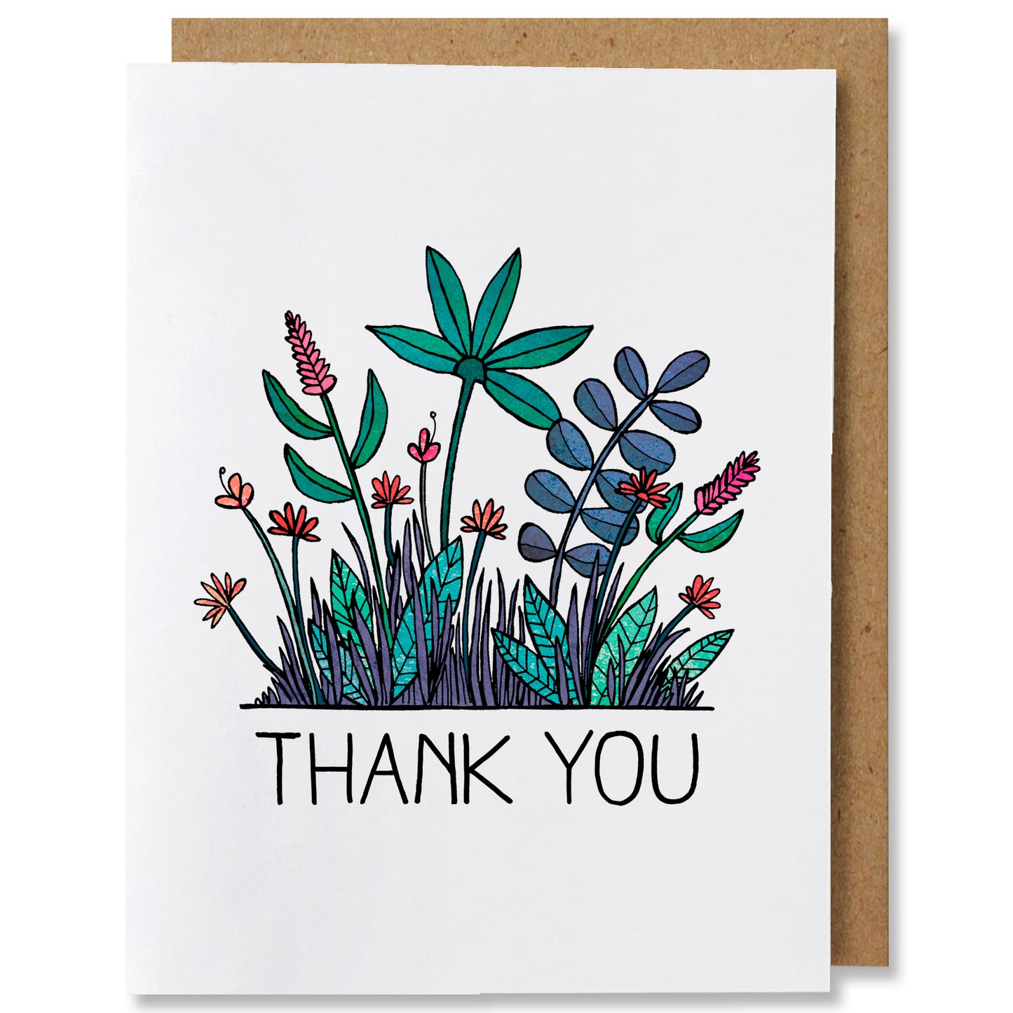 Illustrated greeting card featuring grass, leaves, and flowering plants in shades of blue, turquoise and reds growing from the ground with the words “Thank you” underneath