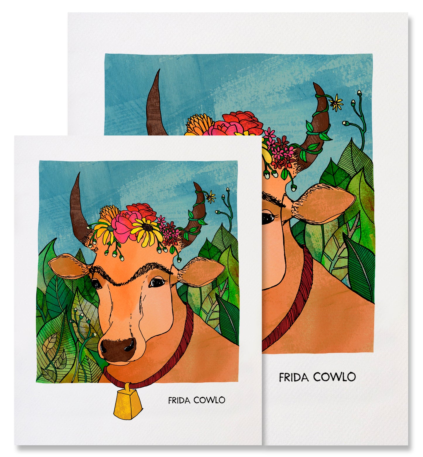 This image shows the two different sizes available for the Frida Cowlo print - 8x10in and 11x14in. The Frida Cowlo fine art prints depict a portrait of Frida Kahlo as a tan cow with a unibrow and flowers along the top of her head between her horns. A vine with a flower twirls its way up the right-side horn. The cow is also wearing a cow bell that hangs on a red collar. The cow is in front of a wall of lush, green foliage and blue sky. 