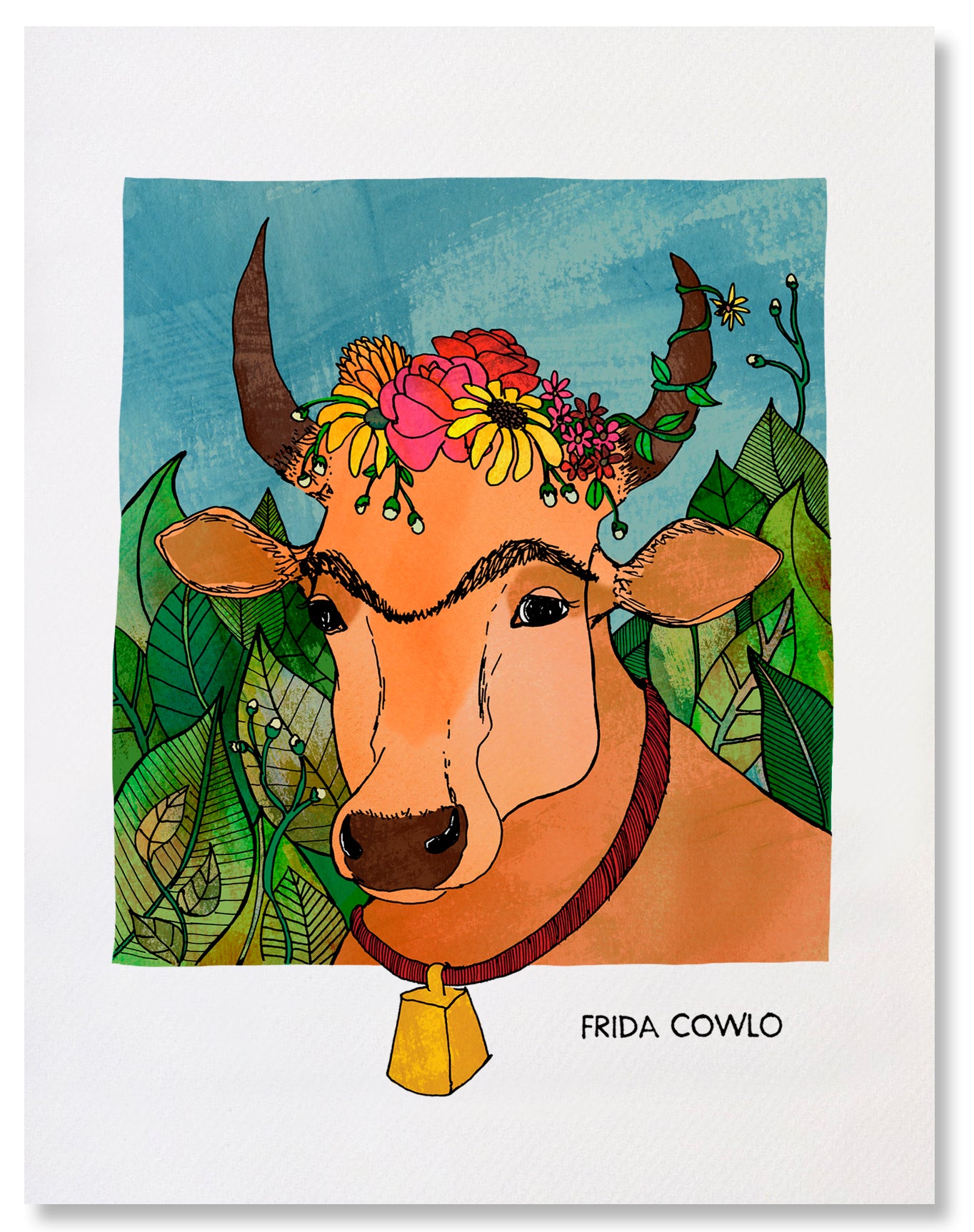 The Frida Cowlo fine art print depicts a portrait of Frida Kahlo as a tan cow with a unibrow and flowers along the top of her head between her horns. A vine with a flower twirls its way up the right-side horn. The cow is also wearing a cow bell that hangs on a red collar. The cow is in front of a wall of lush, green foliage and blue sky. The artwork is printed on a lightly textured, 100% cotton rag paper, which feels like smooth watercolor paper.