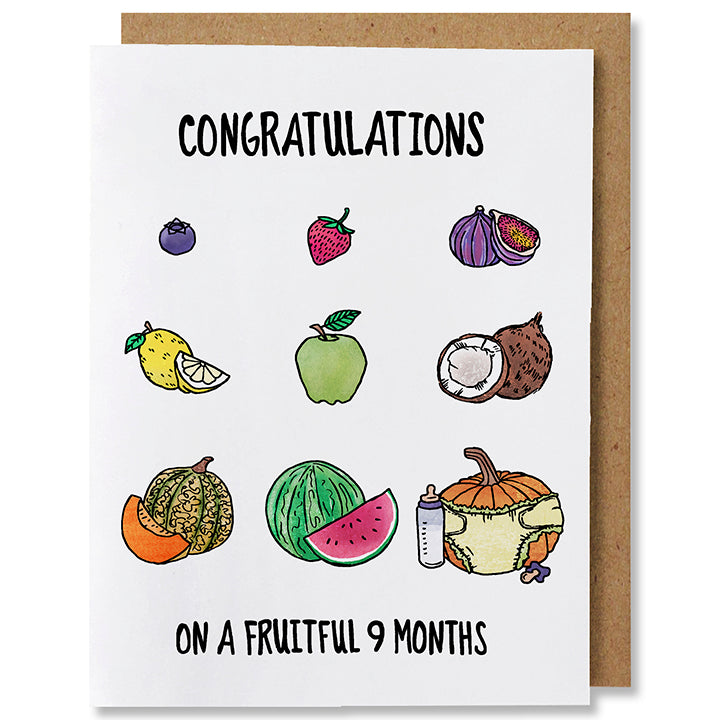 Illustrated greeting cards for expecting parents featuring a 3x3 grid of fruit from top to bottom left to right: blueberry, strawberry, fig, lemon, apple, cooconut, canteloupe, watermelon, and lastly a pumpkin wearing a diaper with a baby bottle and rattle in front of it. Text reads "congratulations on a fruitful 9 months"
