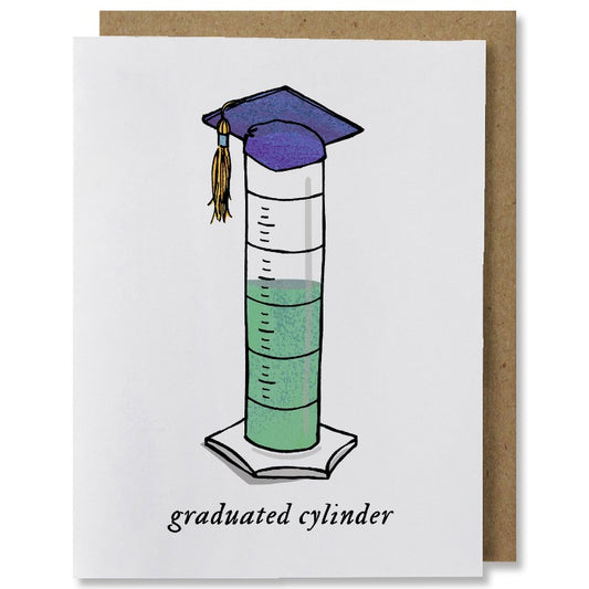 Illustrated congratulations greeting card saying "graduated cylinder" at the bottom with a graduated cylinder above half filled with green liquid, wearing a blue graduation cap