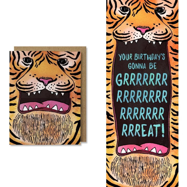 Illustrated accordion fold birthday card depicting a tiger head on the left side, on right the card is pulled open revealing an open tiger mouth saying "Your birthday's gonna be grrrrrrrreat!"