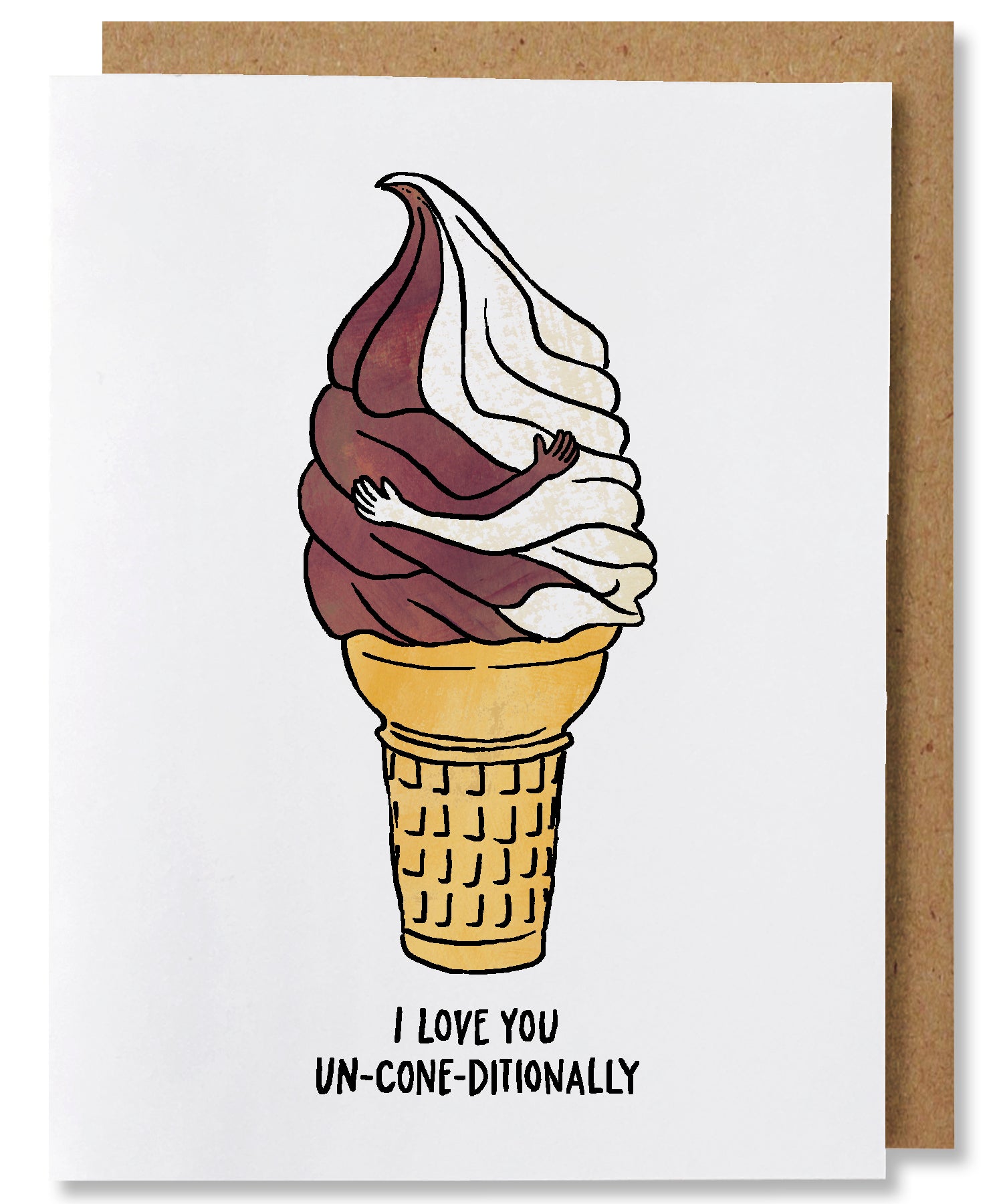 This greeting card features a chocolate and vanilla soft serve ice cream twist. The two flavors have arms and are hugging. The words "I Love you Un-cone-ditionally" appear at the bottom. The card is placed on a brown kraft envelope.