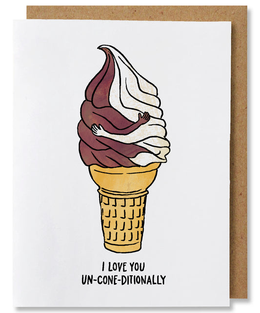 This greeting card features a chocolate and vanilla soft serve ice cream twist. The two flavors have arms and are hugging. The words "I Love you Un-cone-ditionally" appear at the bottom. The card is placed on a brown kraft envelope.