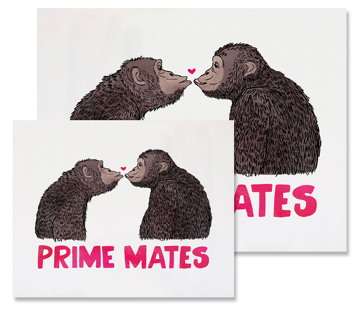 This image shows the two different sizes available for the Prime Mates print - 8x10in and 11x14in. The print features two chimpanzees, in profile, facing and gazing at each other. They are posed to kiss and there is a tiny dark pink heart between them right above their about-to-touch lips. Underneath them, spanning the width of the card, in deep pink, are the words "Prime Mates". The artwork is printed on a lightly textured, 100% cotton rag paper, which feels like smooth watercolor paper.