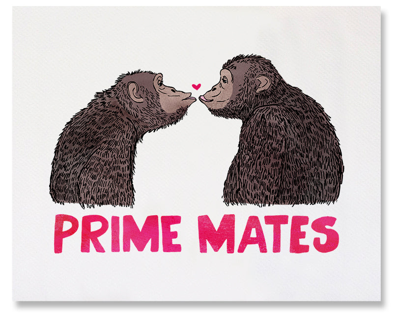 This fine art print features two chimpanzees, in profile, facing and gazing at each other. They are posed to kiss and there is a tiny dark pink heart between them right above their about-to-touch lips. Underneath them, spanning the width of the card, in deep pink, are the words "Prime Mates". These prints come in two different sizes, 8x10in and 11x14in. The artwork is printed on a lightly textured, 100% cotton rag paper, which feels like smooth watercolor paper.