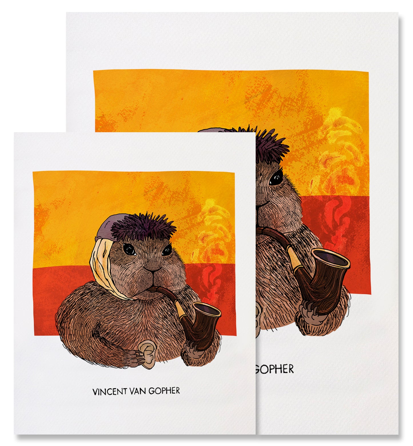 This image shows the two different sizes available for the Vincent van Gopher print - 8x10in and 11x14in. The Vincent van Gopher fine art print depicts Vincent van Gogh as a gopher. The gopher is facing the right, wearing a grey blue winter hat, and has a bandaged ear. He is holding a wooden smoking pipe in his left paw with hints of smoke coming up and holding a human ear in his right paw, a nod to van Gogh cutting off his ear. The background has two horizontal blocks of swirly colors, yellow on top of red